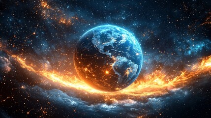 Obraz premium A high-resolution image illustrates a luminous digital Earth with network connections indicating global communication and technology