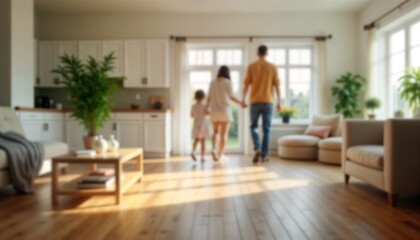 Family exploring bright airy living room during open house. Wooden floors, minimal decor create inviting atmosphere. Potential buyers explore, inspect property. Family walking toward window enjoying
