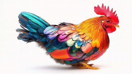 Obraz premium Vibrant Chicken with Colorful Feathers Isolated on White Background