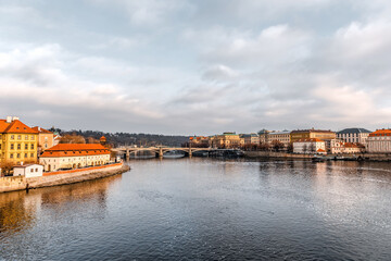 Panoramic view on Prague Historical Gothic Medieval castle and church complex, St. Vitus Cathedral, Charles Bridge, astronomical clock, Basilica of St. George, Unesco city tourism