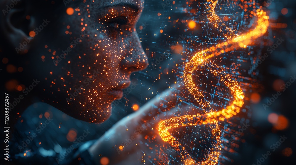 Poster conceptual artistic rendering of a genetic helix in virtual space
