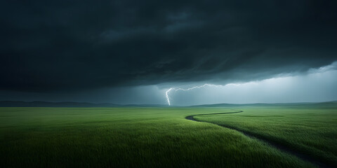 Lightning strike over a vast green field under a dramatic, dark sky.