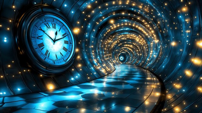 Futuristic glowing time travel tunnel with a giant clock, symbolizing time manipulation, space travel, and science fiction exploration, Generative AI