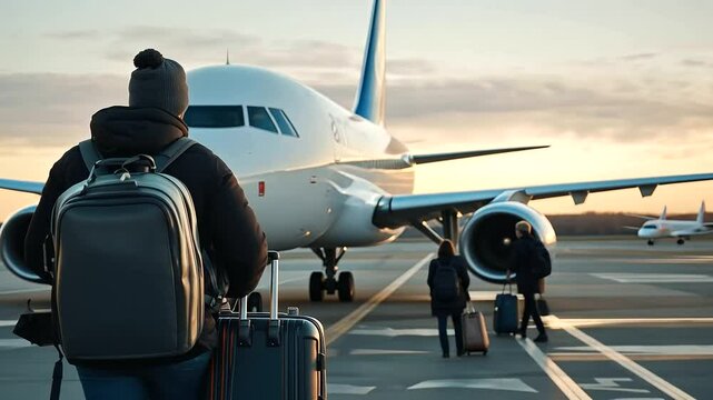 Passengers Boarding an Aircraft at Jet Bridge with Luggage