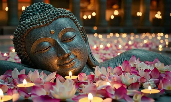 Serene buddha amid blossoming lotus and candlelight ambiance.