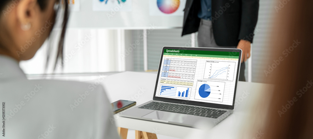 Poster spreadsheet document information financial startup concept. data and graphs in spreadsheet documents