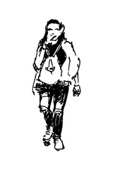 Girl with a backpack walking forward. Full-body characters. Black and white hand-drawn sketch. Doodle style vector illustration.