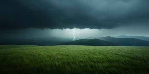 Lightning storm over rolling green hills. Dramatic sky and vibrant landscape.