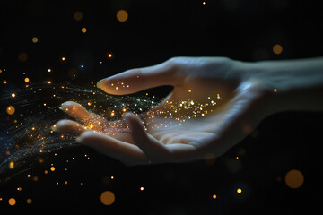 Human Touch Meets Glowing Abstract Energy with Futuristic Particles and Cosmic Light Networks Depicting Innovation and Digital Interaction