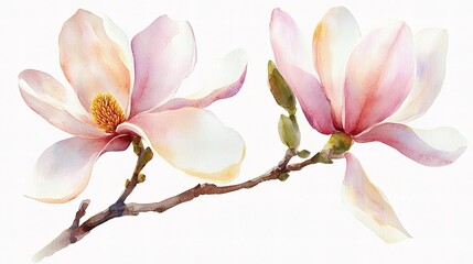 Obraz premium Elegant Watercolor Magnolia Flowers on a Delicate Branch