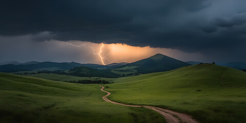 Lightning storm over rolling green hills and a winding dirt road. Dramatic sky and landscape.
