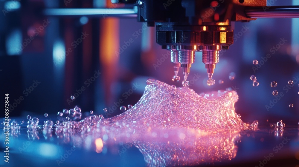 Aufkleber automated industrial equipment dripping liquid, creating splash and bubbles in a research laboratory