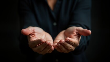 Two open hands outstretched. Empty palms facing forward. Dark background. Concepts of giving, receiving. Possible scenarios include charity work, asking for help, even subtle suggestion of bribery.