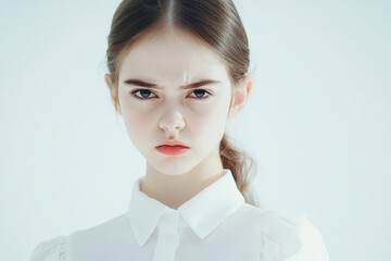 A woman stares directly at the camera wearing a white shirt