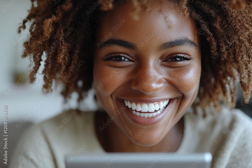 Poster a woman smiling while using a tablet computer