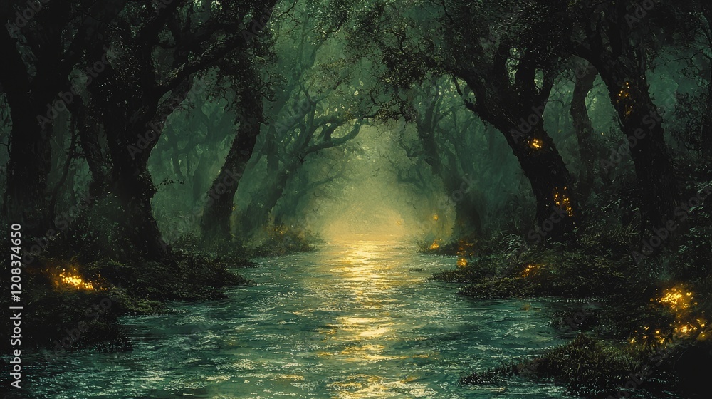 Poster in this alien swamp, the waters radiate light while the trees are both luminescent and distorted
