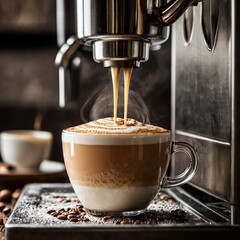 closeup photo of cappuccino coffee cup with art on it and pouring coffee into cup from the machine in a coffee bar 
