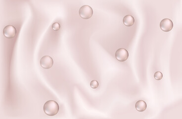 Realistic texture of grey silk background with seamless pattern of leaves and branches. Vector 3D texture of silk natural fabric with smooth pleats and pearl beads