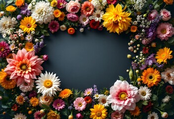 Vibrant Floral Wreath: A Summery, Dark Background Botanical Design
