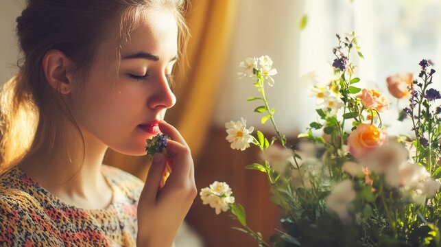 A woman appreciates the fragrance of a bouquet of flowers