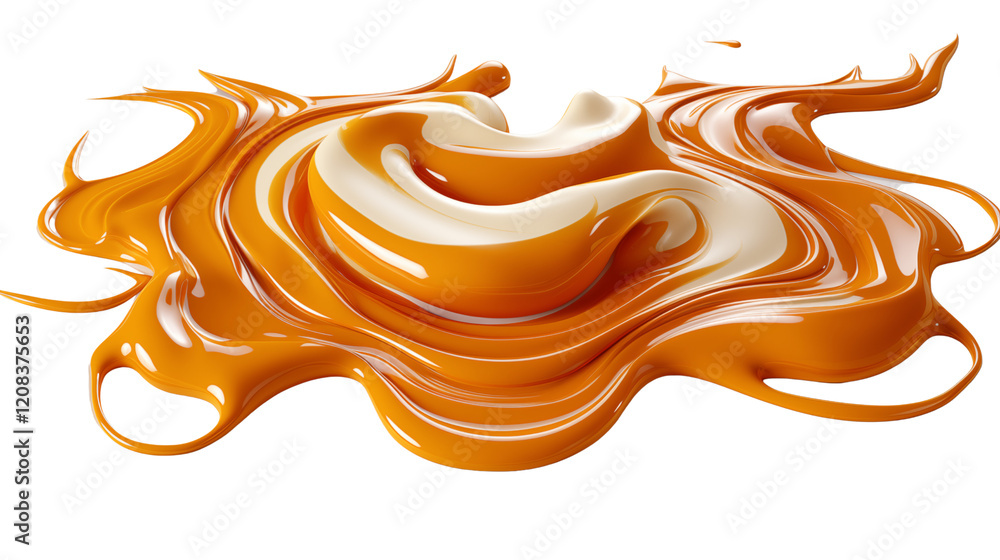 Wall mural closeup of a smooth caramel swirl with glossy texture and deep amber color, studio view, isolated on
