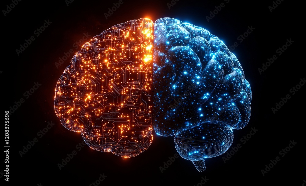 Poster a digital visualization where a brain combines human attributes with mechanical components, illustra