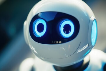 A detailed view of a robot's face with bright blue eyes