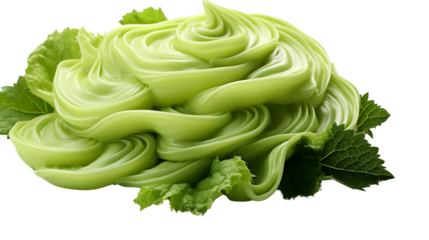 A neatly crafted swirl of green wasabi on a white plate, symbolizing Japanese cuisine and precision, studio view, isolated on transparent background.