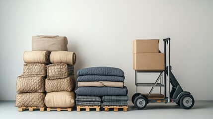 A clean and simple image of moving blankets, a hand truck, and a dolly, arranged neatly in an organized fashion, with ample space for promotional content