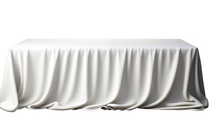A neatly set table with a pristine white tablecloth, prepared for a formal dining experience, studio view, isolated on transparent background.
