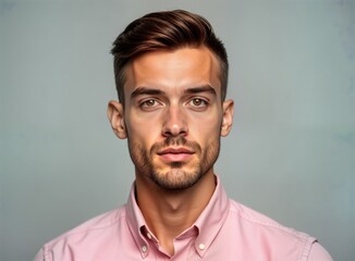 Obraz premium Young man poses confidently in studio wearing pink shirt. Short haircut, serious expression create striking portrait. Well-groomed beard. Photo conveys style, confidence. Stylish, attractive young