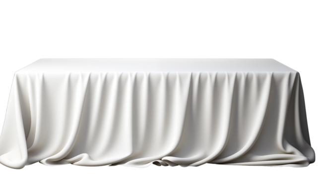 A neatly set table with a pristine white tablecloth, prepared for a formal dining experience, studio view, isolated on transparent background.