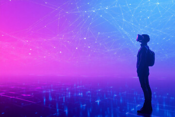 Obraz premium Immersive Virtual Reality Experience with Futuristic VR Headset, Neon Network, and Digital Connectivity in a Sci-Fi Metaverse Environment
