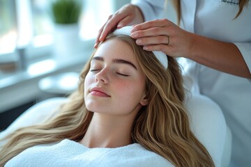 Fototapeta premium A woman sits in a salon chair as a hair stylist works on her hair