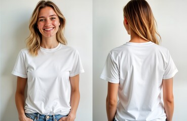 Young woman stands in front of white background. Wears plain white t-shirt, casual attire. Perfect mock-up for clothing design, advertisement. Front, back views offer complete design template. Image