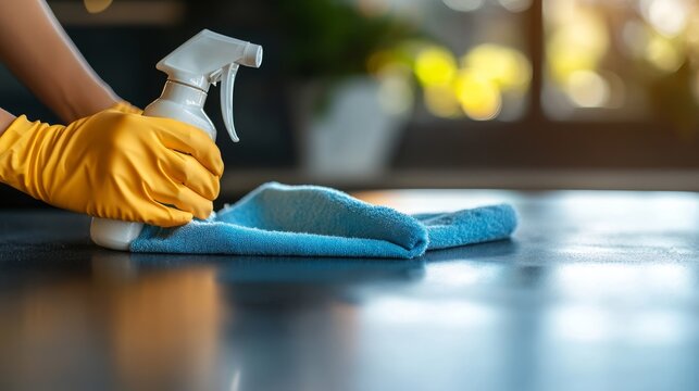 A close-up of a cleaner’s hand holding a spray bottle and microfiber cloth, with empty space around it for advertising, representing cleaning company services