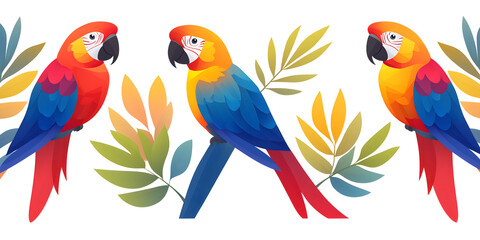 Vibrant macaws perched amidst lush tropical foliage. A colorful illustration perfect for summer designs or tropical themes.