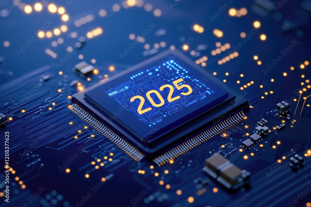 Poster close-up view of a microprocessor chip on a printed circuit board, used in various electronic device