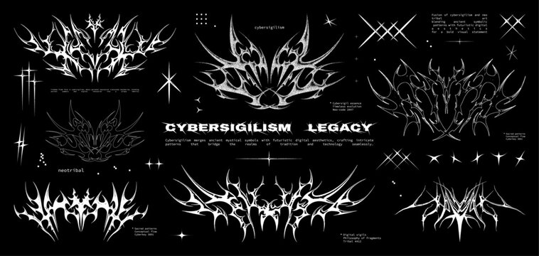 Cybersigilism legacy, Neo tribal patterns in different styles. Gothic tattoo, 3D digital art. Сybersigilism in a rethought understanding, different styles - 3d, silhouette, flat. Neo tribal. Vector