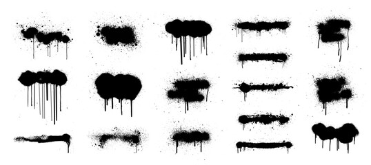 Spray painted texture. Grunge graphic box with spray brush stroke with splashes paint. Stencil graffiti, Dirty silhouettes after aerosol. Grunge aerosol traces with dripping paint. Vector graphic set