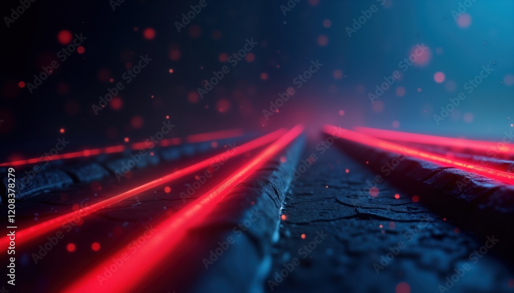 Poster dark blue 3d abstract background with glowing red lines. futuristic design. red light flowing design
