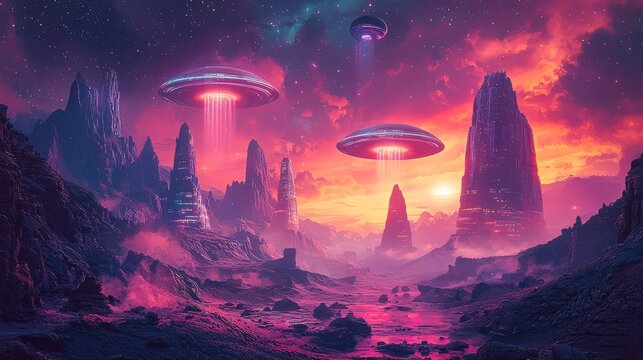 A neon-lit futuristic cityscape emerges on a distant planet, complete with towering skyscrapers and alien spacecraft