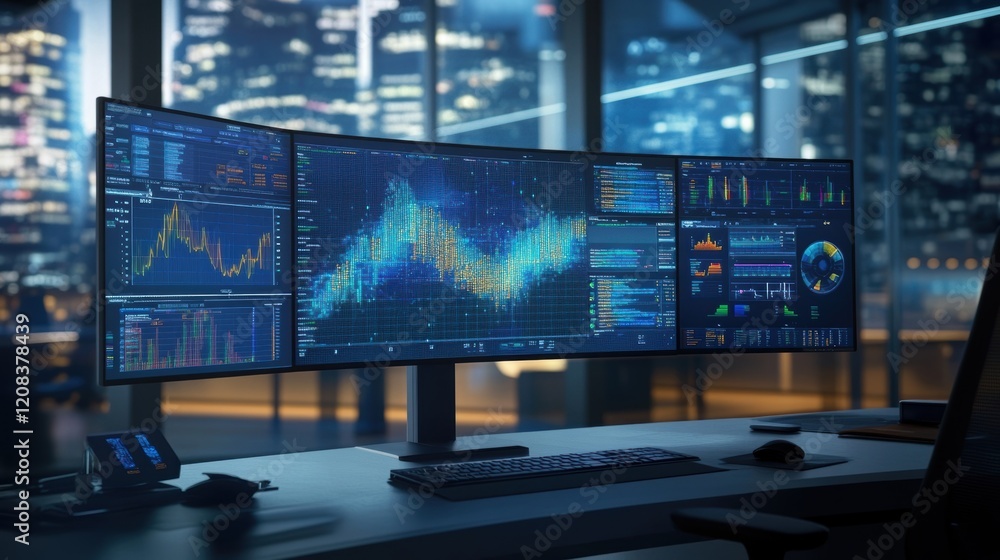Poster multiple computer screens displaying various data analytics, charts, and graphs in a dark, modern of