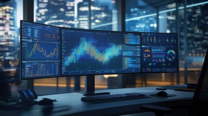 Multiple computer screens displaying various data analytics, charts, and graphs in a dark, modern office setting overlooking a cityscape at night