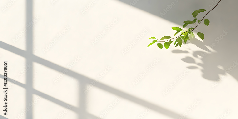 Poster sunlight streams through a window, casting shadows on a wall where a small branch with vibrant green