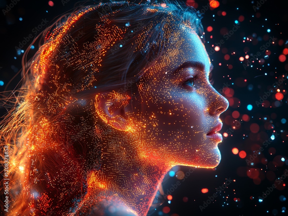 Poster a striking image of a feminine face enveloped in a dynamic whirlpool of futuristic digital patterns 
