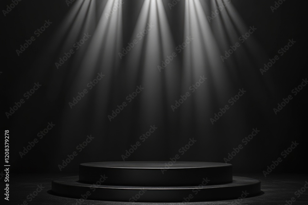 Poster showcase for triumph: empty pedestal on elevated dais with spotlight for product display in 3d studi