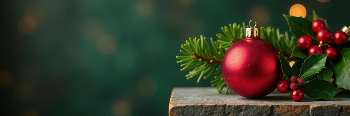 Red Christmas ball on a mantel with green ribbon and holly, holiday color scheme, evergreen branches, mantel