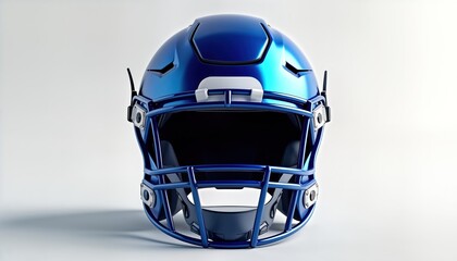 High quality photo of glossy blue football helmet. Sport equipment for protection. Front view. Minimalist design. Product photo for sports gear. Professional design, branding. Perfect image for