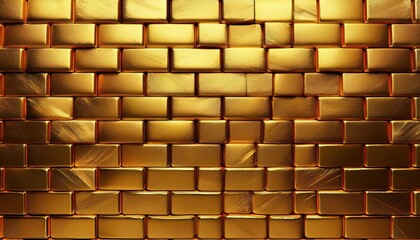 A gold brick wall texture with a golden background, rendered in 3D, showcasing a luxurious, shimmering, and high-end design.